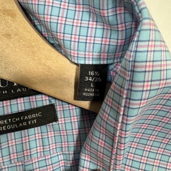 Black Label Lauren Ralph Lauren Mens Plaid Button up Shirt Large Blue & Pink - Picture 5 of 6